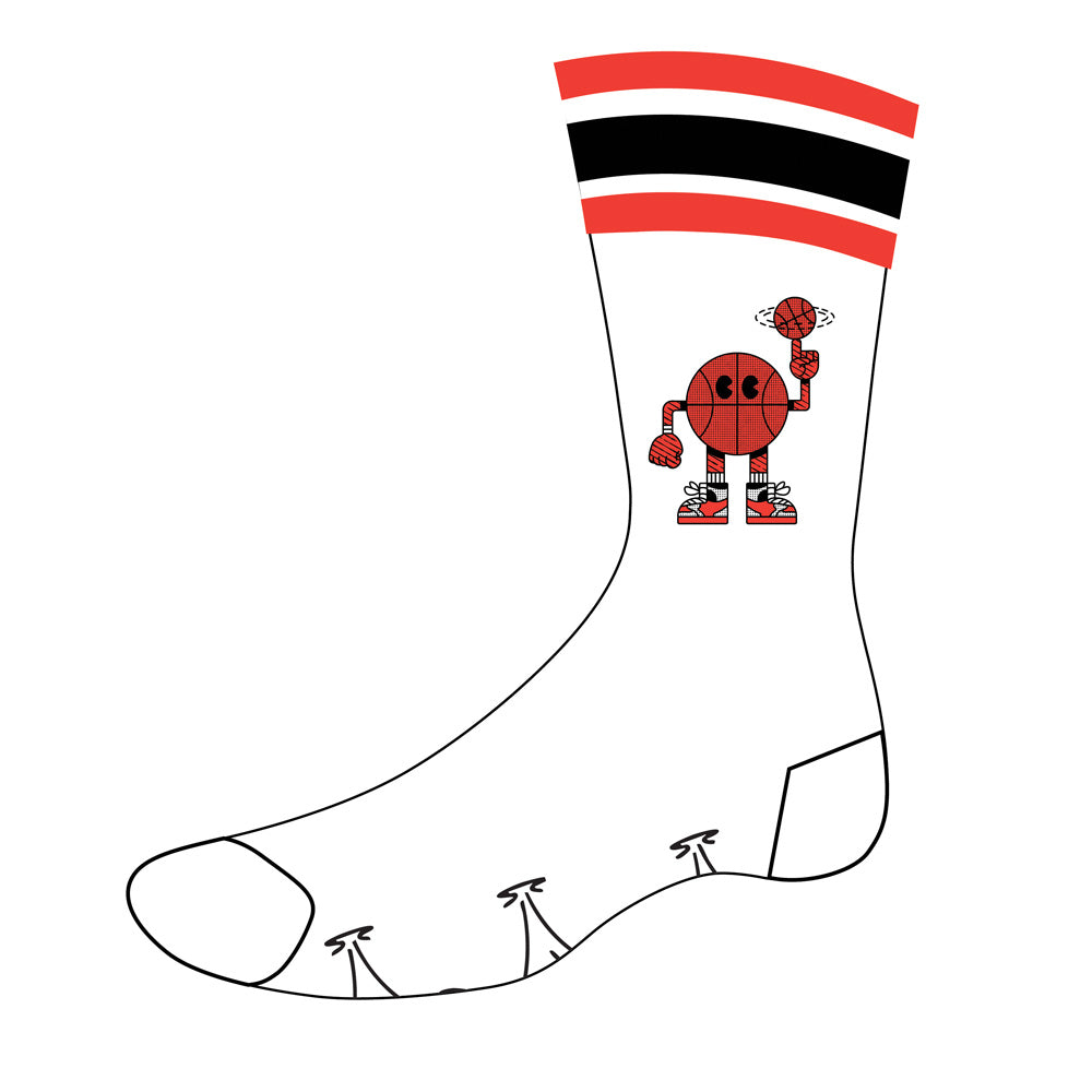Basketball Hall of Fame® Hoops Skater Socks: White skater socks with red and black stripes, featuring a cartoon basketball character in sneakers and gloves spinning a ball—an ideal addition to any basketball fan’s apparel collection.