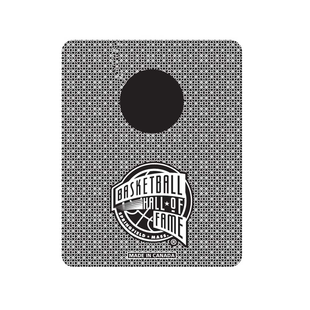 The Basketball Hall of Fame® 2025 Enshrinement Magnet is a black and white rectangular collectible with a geometric pattern, small top hole, Basketball Hall of Fame logo, and "Made in Canada" text near the bottom.