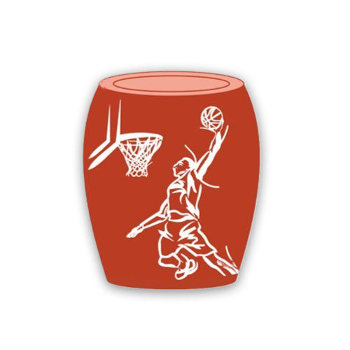 The Basketball Hall of Fame Foil Shot Mug is a red ceramic mug with a white outline of a basketball player dunking into a hoop—an ideal collectible for basketball mug enthusiasts and Hall of Fame fans alike.