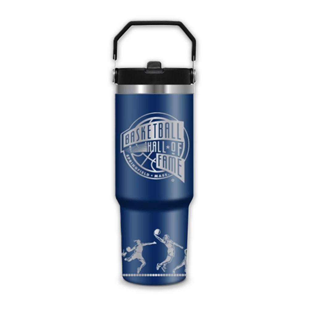 The Basketball Hall of Fame Flat Top Tumbler features a blue body with a black lid and handle, accented by white silhouettes of basketball players—ideal drinkware for fans honoring basketball heritage.