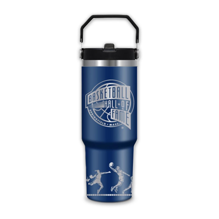The Basketball Hall of Fame Flat Top Tumbler features a blue body with a black lid and handle, accented by white silhouettes of basketball players—ideal drinkware for fans honoring basketball heritage.