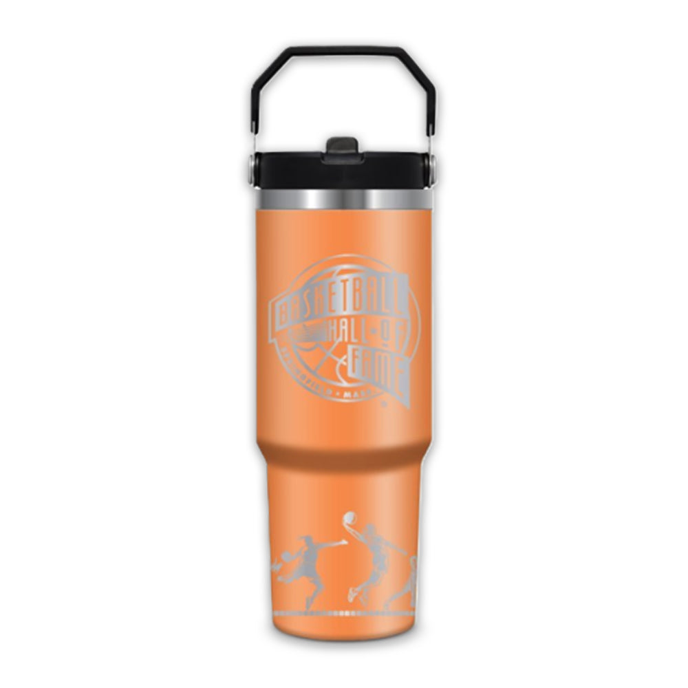 Basketball Hall of Fame Flat Top Tumbler with black handle, silver Hall of Fame logo, and basketball player silhouettes near the base—a stylish tribute to sports heritage.