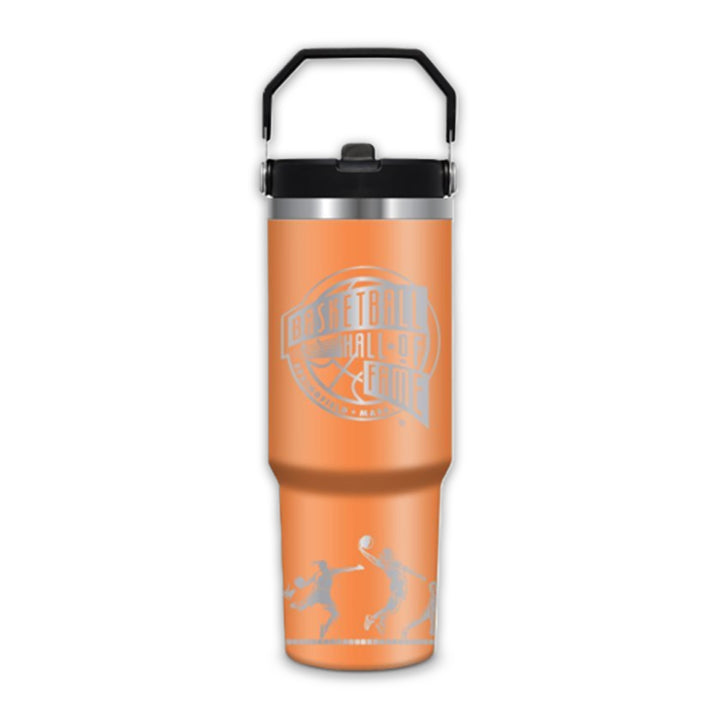 Basketball Hall of Fame Flat Top Tumbler with black handle, silver Hall of Fame logo, and basketball player silhouettes near the base—a stylish tribute to sports heritage.