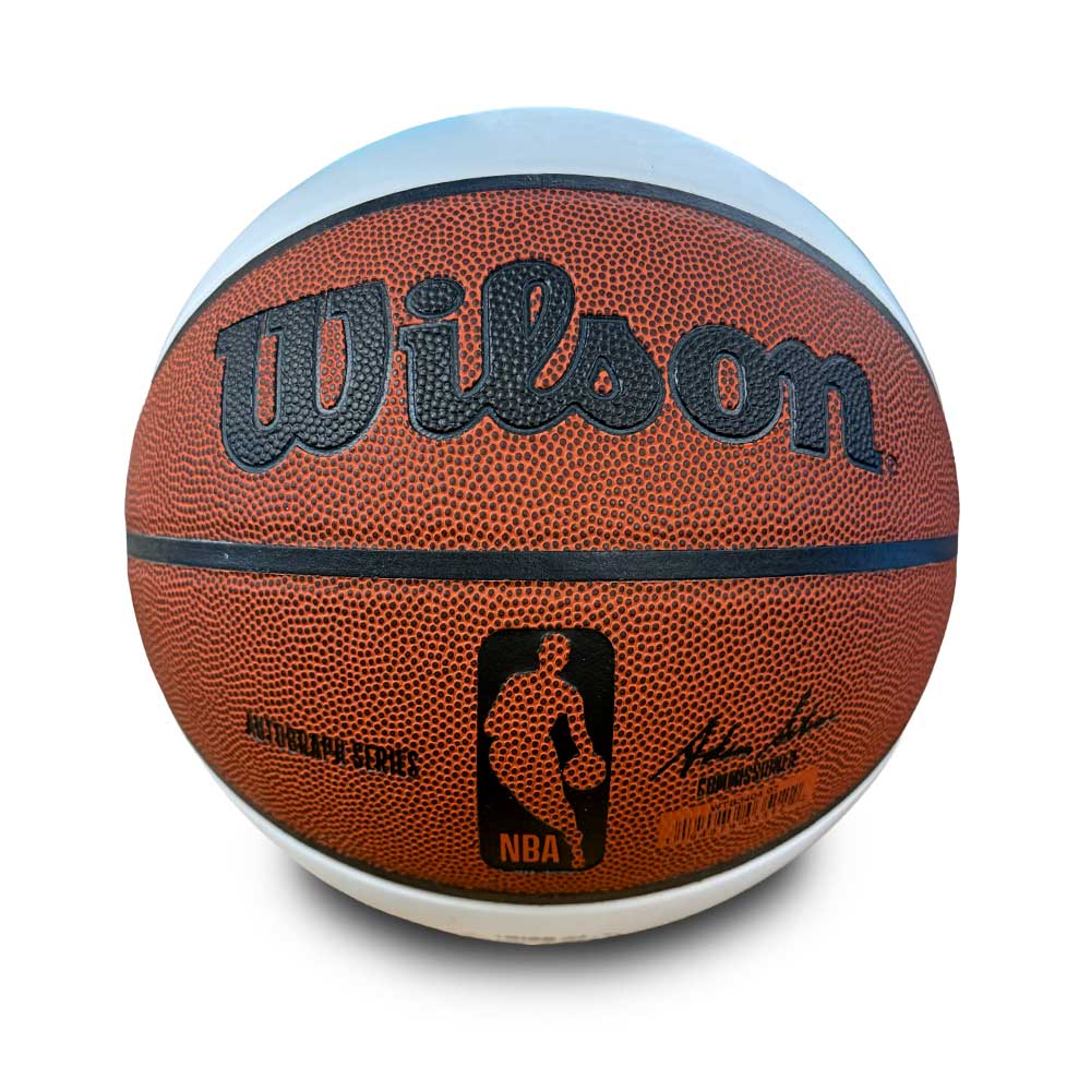 A Basketball Hall of Fame x Wilson NBA Autographed Basketball with the NBA logo and Authentic Series text is displayed against a white background.