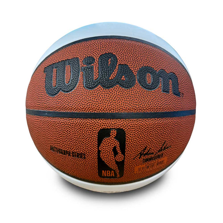 A Basketball Hall of Fame x Wilson NBA Autographed Basketball with the NBA logo and Authentic Series text is displayed against a white background.