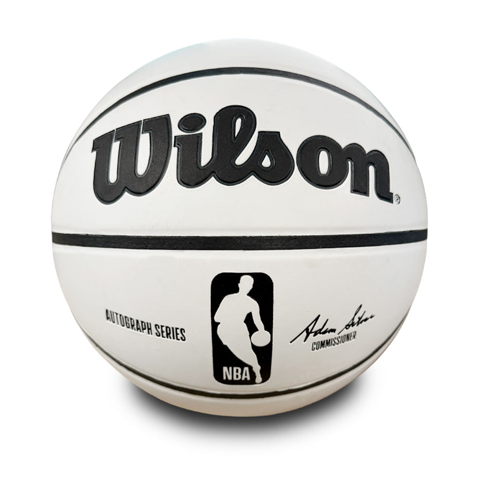 A Basketball Hall of Fame x Wilson NBA Autographed Basketball in white with black text, NBA logo, Autograph Series label, and Adam Silver signature is shown on a white background.