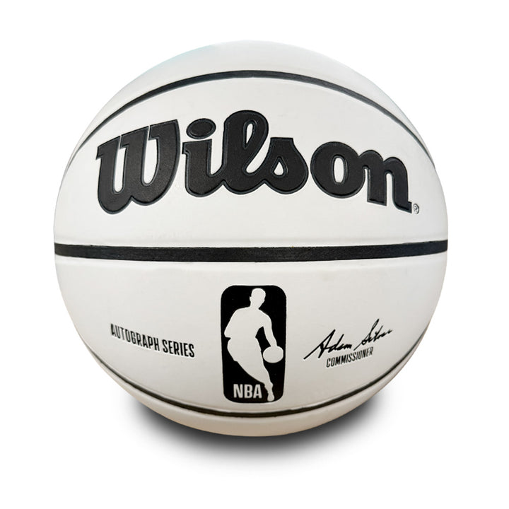 A Basketball Hall of Fame x Wilson NBA Autographed Basketball in white with black text, NBA logo, Autograph Series label, and Adam Silver signature is shown on a white background.
