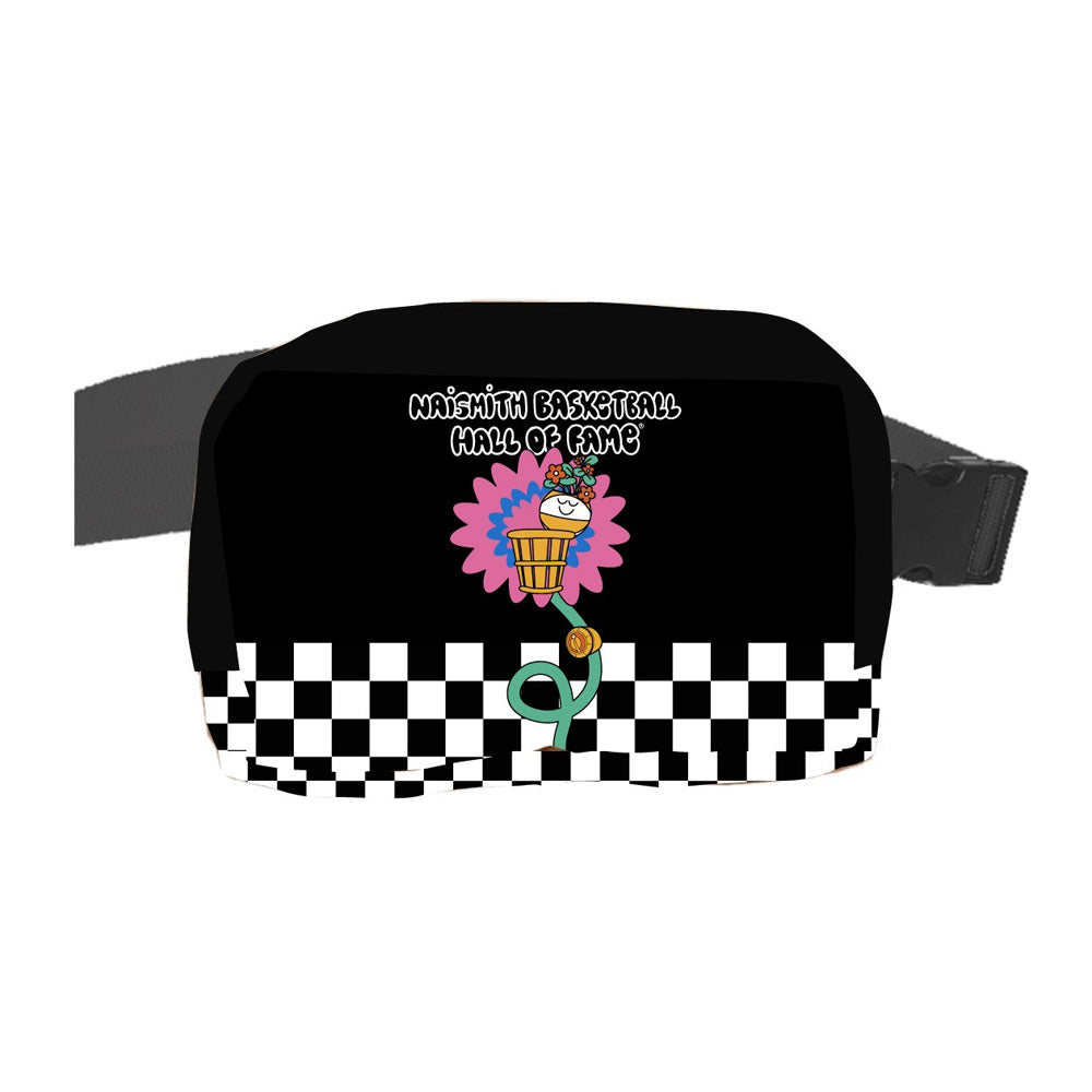 The Basketball Hall of Fame Buckets in Bloom Crossbody Bag features a black checkerboard design, a cartoon basketball-in-a-cone graphic, and "NAISMITH BASKETBALL HALL OF FAME" text—designed by Fiorella Granda.