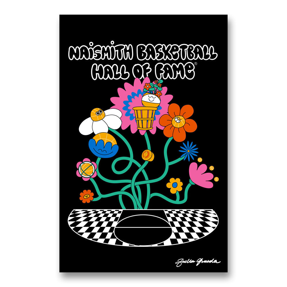 Colorful bees, flowers, and a basketball hoop with "Naismith Basketball Hall of Fame" text decorate the white, grooved Basketball Hall of Fame Buckets in Bloom Towel by Fiorella Granda, complete with her signature in the lower right.