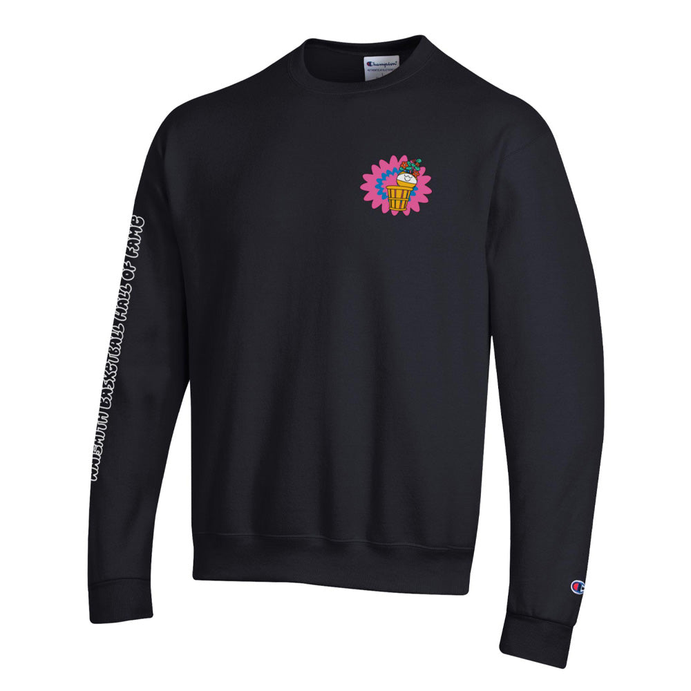 The Basketball Hall of Fame Buckets in Bloom Crew Sweatshirt features a black crewneck with a small colorful ice cream cone and flower graphic on the left chest, inspired by Fiorella Granda, plus white sleeve text—a fresh spin on basketball style.