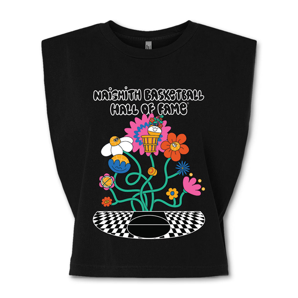 The Basketball Hall of Fame Buckets in Bloom Women's T-Shirt features white “Naismith Basketball Hall of Fame” text over colorful flowers, a trophy, and a checkered basketball court graphic. Designed by Fiorella Granda.
