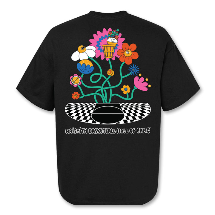 The Basketball Hall of Fame Buckets in Bloom T-Shirt showcases Fiorella Granda's colorful cartoon flowers on a checkered basketball, with the Naismith Basketball Hall of Fame text below—perfect for any basketball fan.