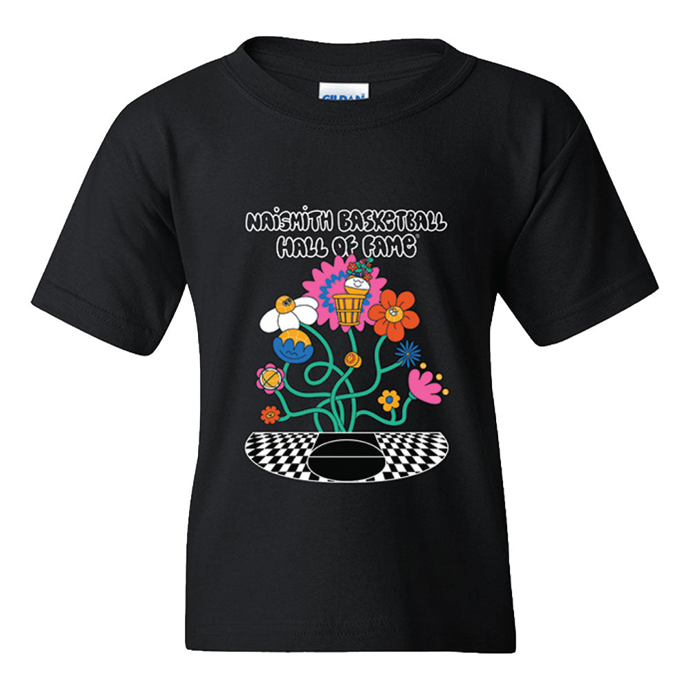 The Basketball Hall of Fame Buckets in Bloom Youth T-Shirt features a bold floral graphic, basketball hoop and ball, and Hall of Fame text above, finished with a black-and-white checkered semicircle inspired by Fiorella Granda.