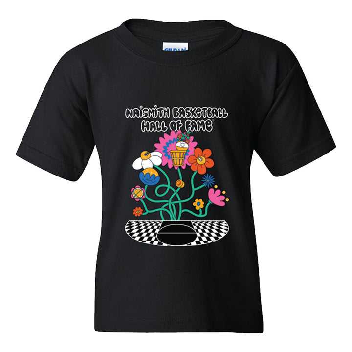 The Naismith™ Basketball Hall of Fame® Buckets in Bloom Youth T-Shirt is a black tee that showcases “Naismith Basketball Hall of Fame” above vibrant cartoon flowers, a basketball, and a checkered platform. Designed by Fiorella Granda, this playful shirt is an ideal pick for young basketball enthusiasts.