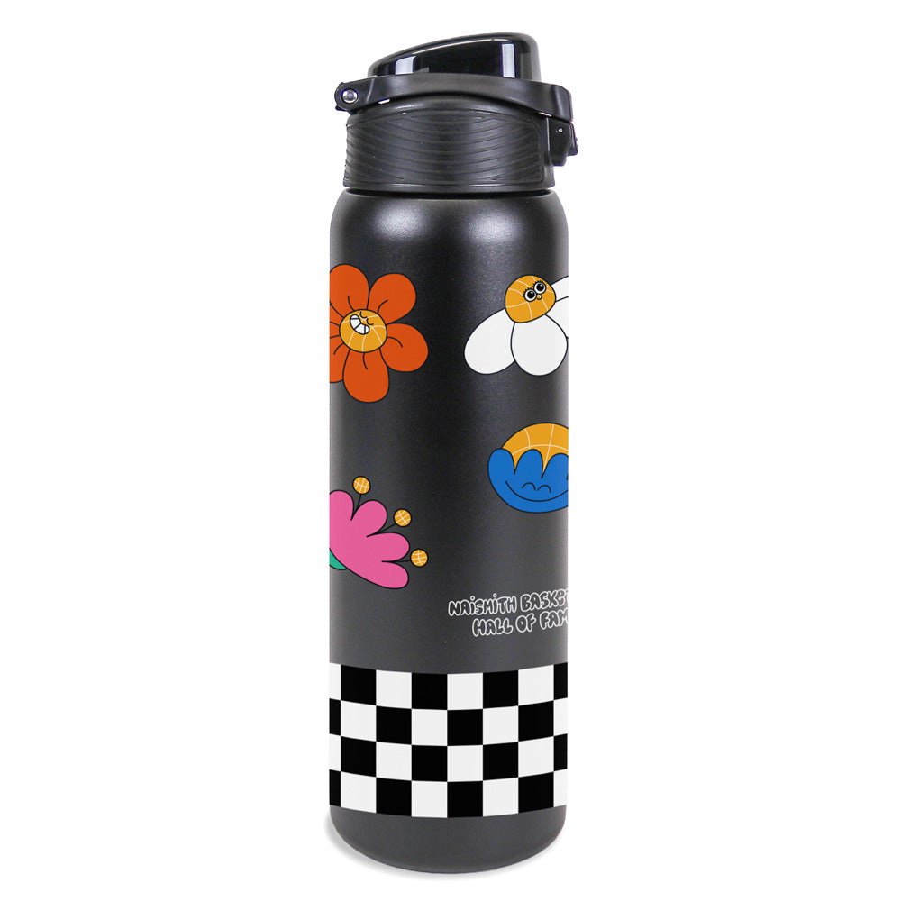 A black eco-friendly Basketball Hall of Fame Buckets in Bloom Water Bottle with colorful cartoon flowers, a bee, and smiling sun. Black-and-white checkerboard pattern at the base; “BASKETBALL HALL OF FAME” is printed in playful style near the bottom.