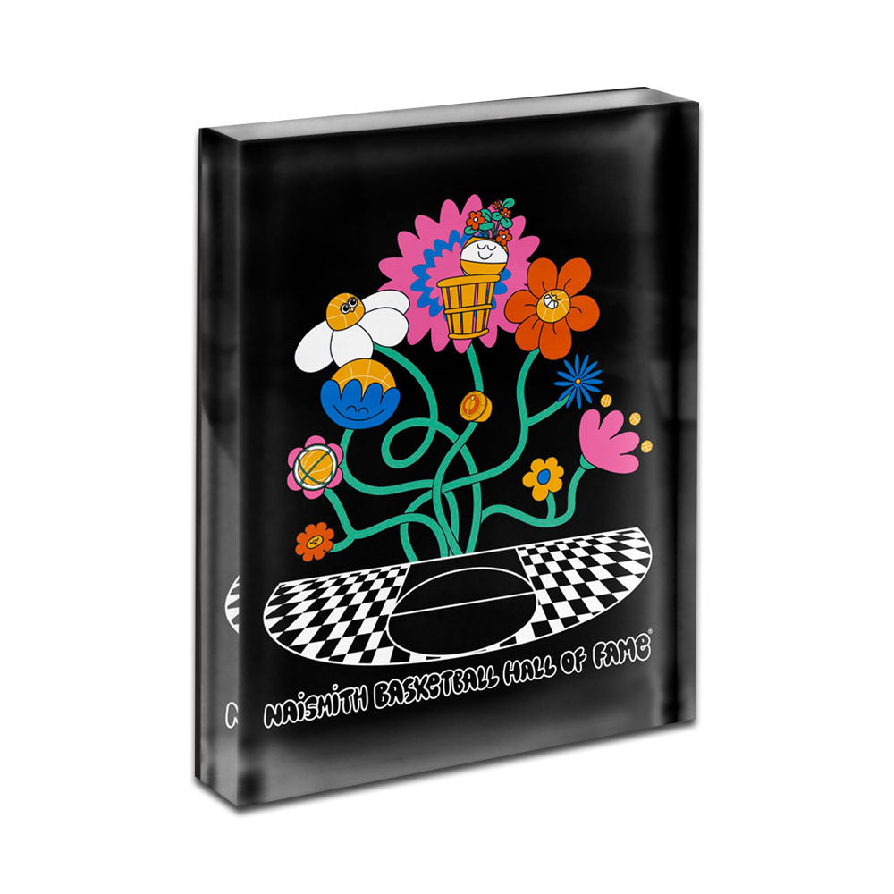 A vibrant magnet titled "Basketball Hall of Fame Buckets in Bloom" features Fiorella Granda-inspired flowers with basketballs, hoops, and smiling faces rising from a checkered court labeled Naismith Basketball Hall of Fame.