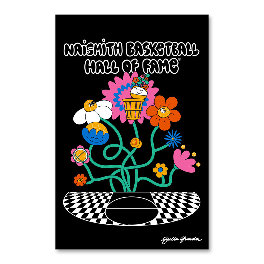 The Basketball Hall of Fame Buckets in Bloom 11" x 17" Poster showcases vibrant flowers, a basketball hoop with a flower, two bees, and a checkered basketball court against a black background.