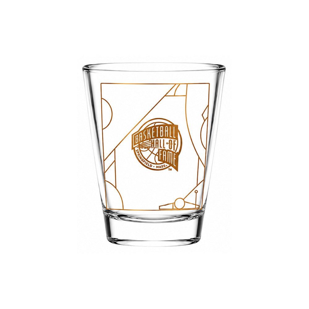 The Basketball Hall of Fame® 2026 Enshrinement Shot Glass features the orange Hall of Fame logo and a partial basketball court—an ideal collectible for fans and 2026 enshrinement enthusiasts.