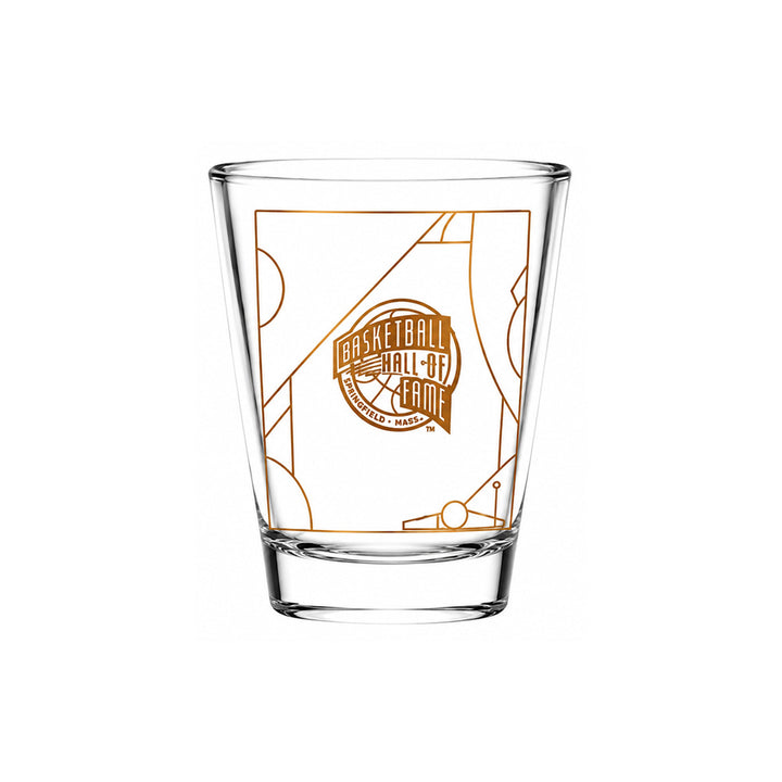 The Basketball Hall of Fame® 2026 Enshrinement Shot Glass features the orange Hall of Fame logo and a partial basketball court—an ideal collectible for fans and 2026 enshrinement enthusiasts.