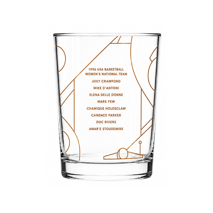 The Basketball Hall of Fame® 2026 Enshrinement Rocks Glass features orange geometric basketball court designs and names like the 1996 USA Women's National Team—a collectible for fans of basketball and the Class of 2026.