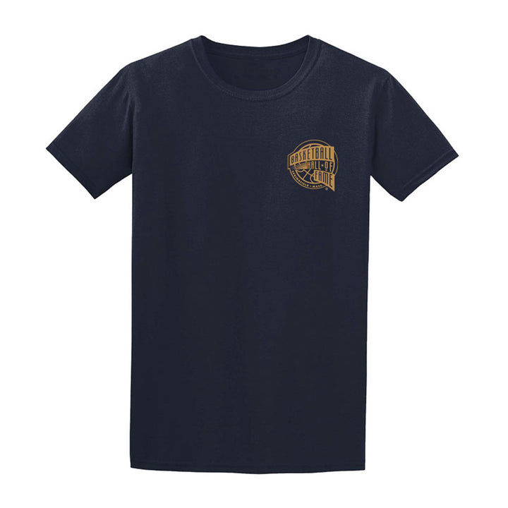 Celebrate the 2026 Enshrinement with the Basketball Hall of Fame® T-Shirt—a black short-sleeve tee featuring a small gold basketball-themed logo on the left chest.