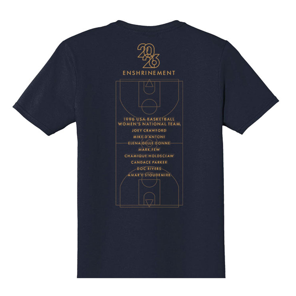 The Basketball Hall of Fame® 2026 Enshrinement T-Shirt is a navy blue tee with a gold court graphic and 2026 Enshrinement text above inductee names, honoring basketball legends—a must-have commemorative shirt.
