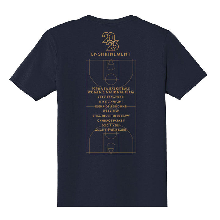 The Basketball Hall of Fame® 2026 Enshrinement T-Shirt is a navy blue tee with a gold court graphic and 2026 Enshrinement text above inductee names, honoring basketball legends—a must-have commemorative shirt.
