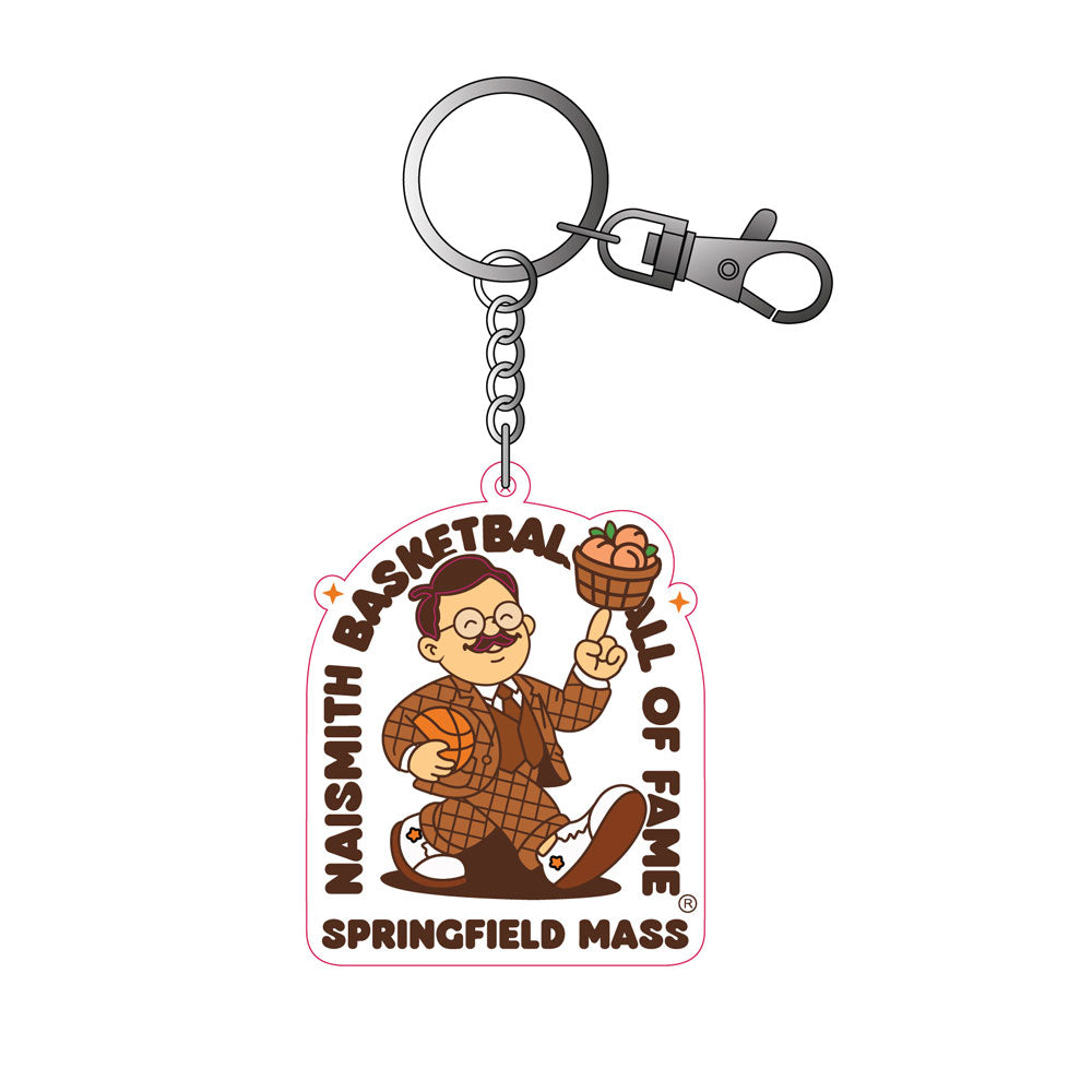 Basketball Hall of Fame® Dr. Naismith Playmaker Bag Charm featuring a cartoon Dr. James Naismith holding a peach basket and basketball, with the text: “Naismith Basketball Hall of Fame Springfield Mass.”—inspired by the legacy preserved at the Basketball Hall of Fame.