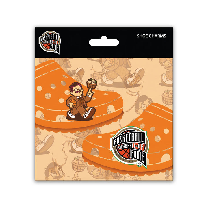 Show off your love for the game with the Basketball Hall of Fame® Dr. Naismith Playmaker Shoe Charm—an orange accessory featuring the Hall of Fame logo and a playful cartoon character inspired by Dr. Naismith holding a trophy, displayed on illustrated orange shoes against a beige, patterned background. A perfect addition to any basketball enthusiast’s Chris Bomely Shoe Charm collection.