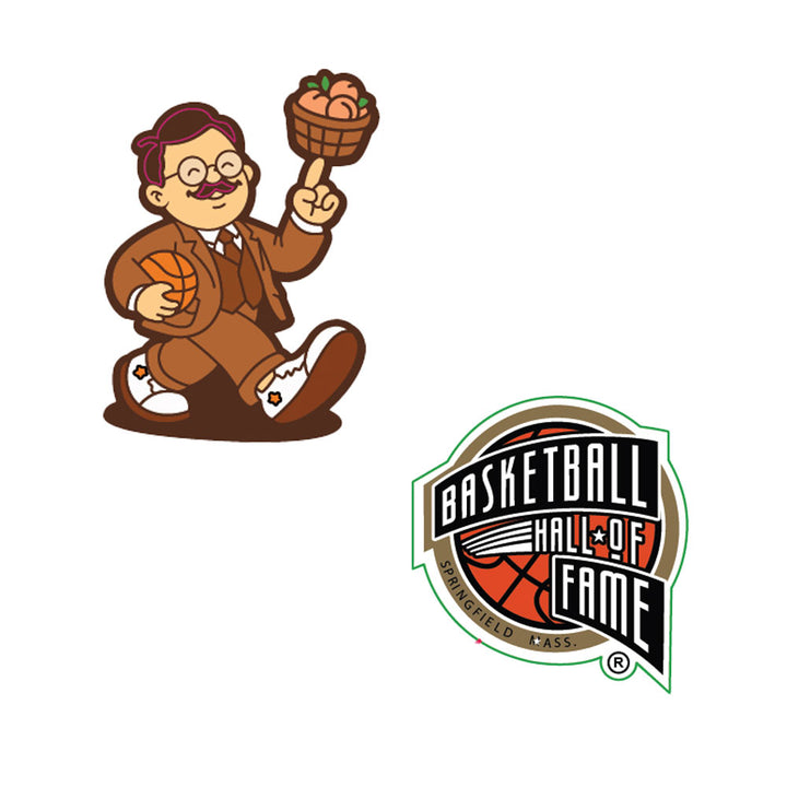 A cartoon man in a suit holds a peach basket filled with basketballs and dribbles one, channeling Dr. Naismith’s spirit of invention. Next to him is the Basketball Hall of Fame logo featuring a basketball and bold text, while the character adds an extra touch of flair with the Basketball Hall of Fame® Dr. Naismith Playmaker Shoe Charm.