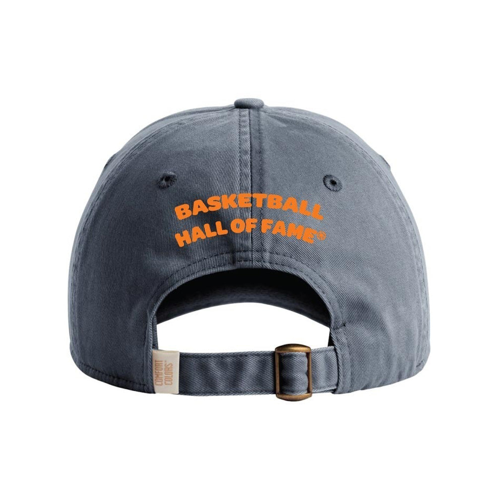 Back view of the Basketball Hall of Fame® Dr. Naismith Playmaker Youth Cap, a gray basketball cap with “BASKETBALL HALL OF FAME®” in orange text above the adjustable strap and metal buckle.