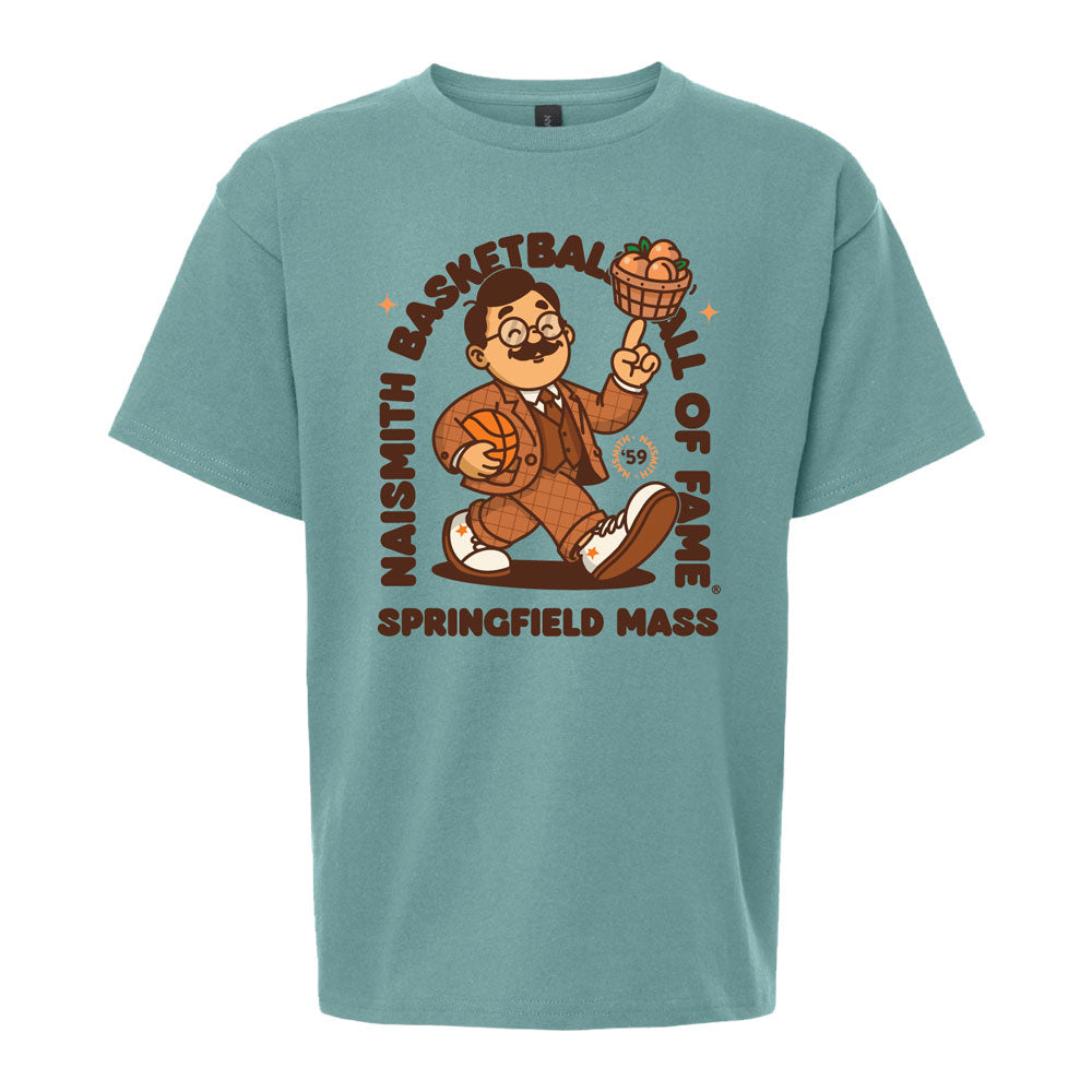 Showcasing a playful cartoon of Dr. James Naismith holding a basketball and peach basket, this teal Basketball Hall of Fame® Dr. Naismith Playmaker Youth T-Shirt features the text “Naismith Basketball Hall of Fame Springfield Mass.” With star details and a bold ‘59’ accent, this Chris Bomely designed tee is a standout tribute to basketball history.