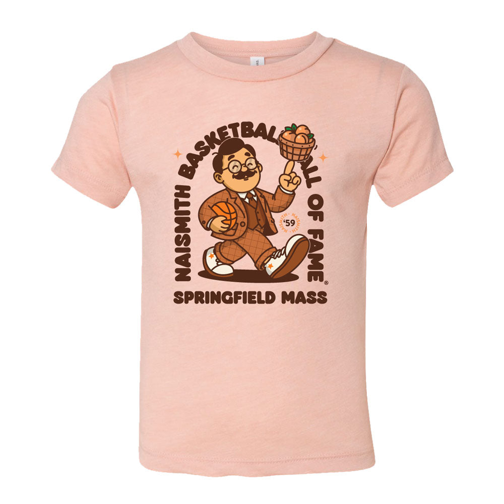 The Basketball Hall of Fame® Dr. Naismith Playmaker Toddler T-Shirt features a peach design with a cartoon man in a suit and glasses, holding a basketball and peach basket. “Basketball Hall of Fame, Springfield Mass, celebrating basketball history” is printed on the shirt, and the playful artwork includes the number 59 on his shoe—a perfect pick for little fans!.