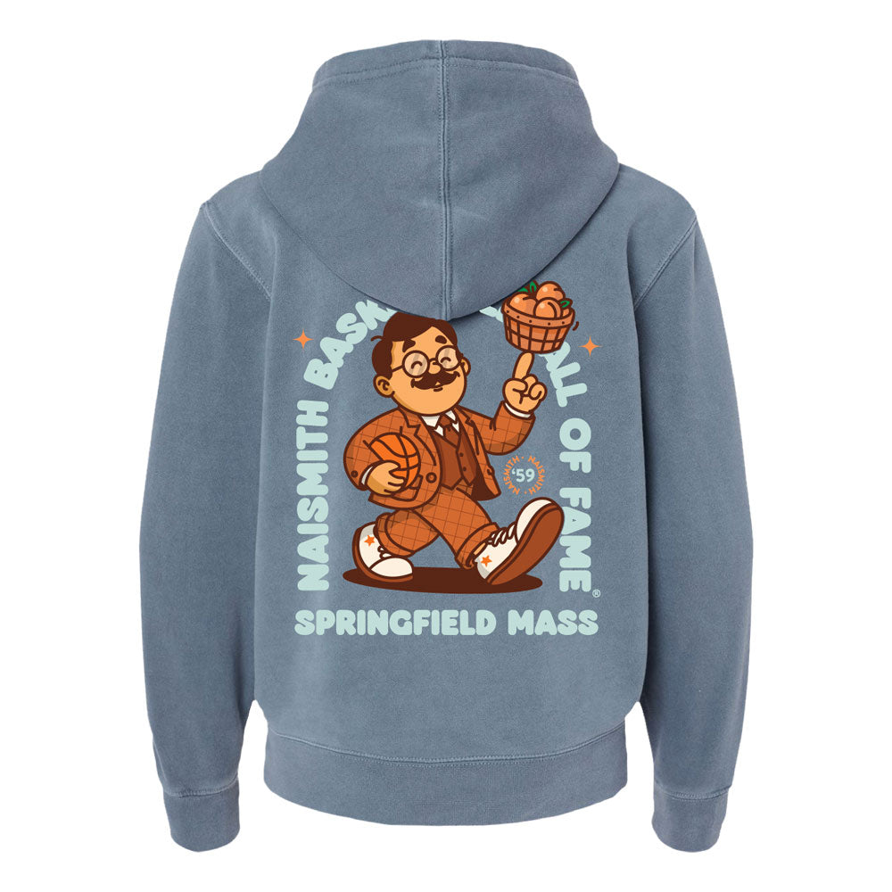 The Basketball Hall of Fame® Dr. Naismith Playmaker Youth Hooded Sweatshirt is a blue hoodie for kids featuring a cartoon person holding a basketball and a peach basket, with “Naismith Basketball Hall of Fame Springfield Mass” printed around the illustration on the back—making it the perfect sweatshirt for young fans and aspiring athletes inspired by Dr. Naismith.