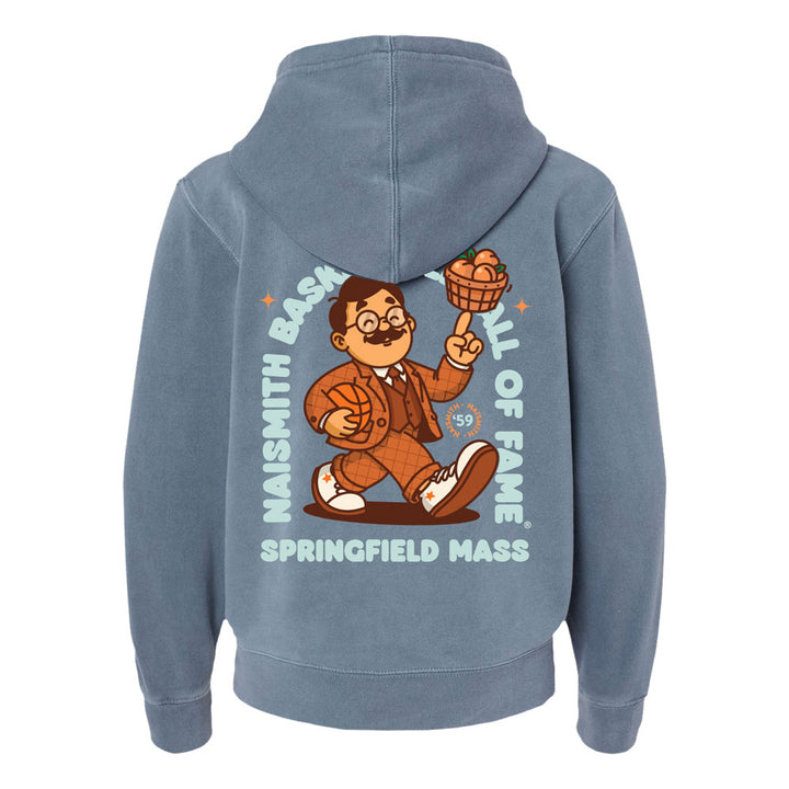 The Basketball Hall of Fame® Dr. Naismith Playmaker Youth Hooded Sweatshirt is a blue hoodie for kids featuring a cartoon person holding a basketball and a peach basket, with “Naismith Basketball Hall of Fame Springfield Mass” printed around the illustration on the back—making it the perfect sweatshirt for young fans and aspiring athletes inspired by Dr. Naismith.