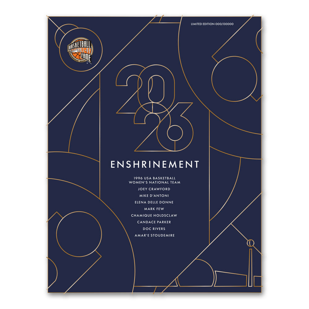 Basketball Hall of Fame® 2026 Enshrinement Program poster features geometric gold lines on a dark blue background, with a list of inductees such as Candace Parker and Doc Rivers, and displays the Basketball Hall of Fame logo in the upper left corner.