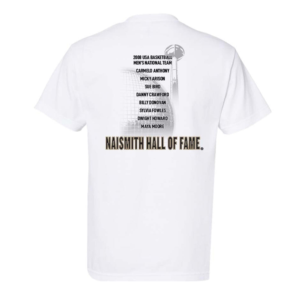 Basketball Hall of Fame® 2025 Enshrinement T-Shirt featuring the "Naismith Basketball Hall of Fame" back print, a list of 2008 USA Men’s National Team members, and a subtle basketball hoop graphic in the background.