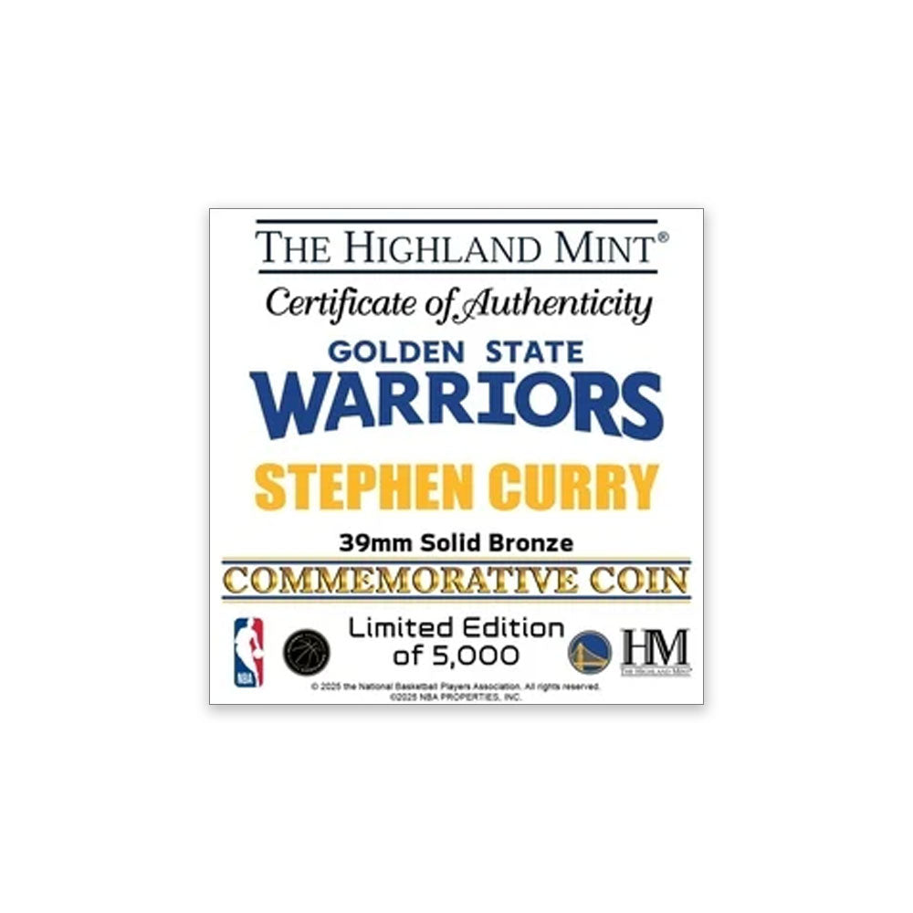 Certificate of authenticity for the NBA Golden State Warriors Steph Curry Bronze Commemorative Coin by The Highland Mint (39mm solid bronze), a limited edition collector’s item—only 5,000 made.