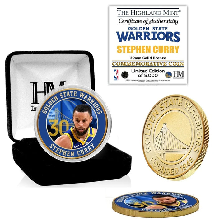 The NBA Golden State Warriors Steph Curry Bronze Commemorative Coin is displayed in a black case showing both sides, and features Curry’s image, team logo, and a certificate of authenticity—an ideal collectible for fans.