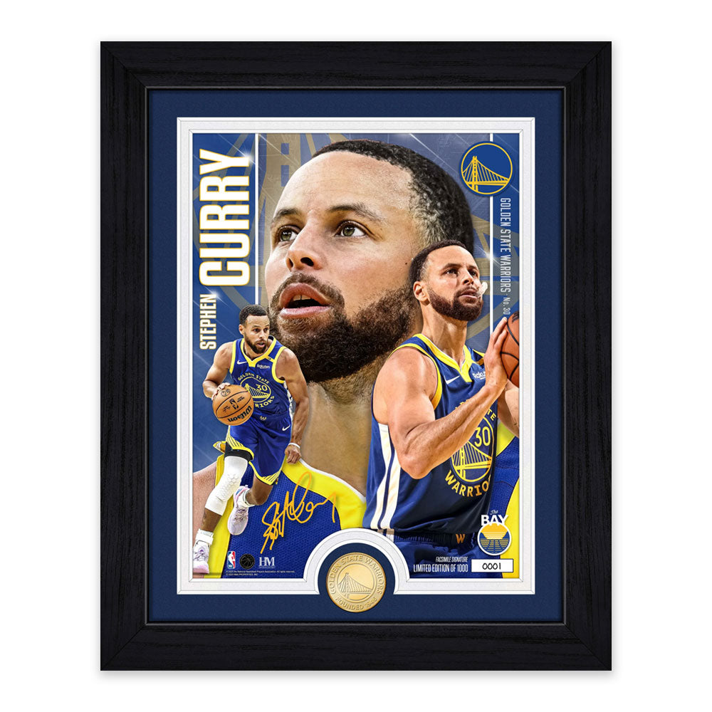 The Golden State Warriors Steph Curry Bronze Coin Photo Mint features a framed collage with three action shots of Curry in uniform, his name on the left, a Warriors logo, gold autograph, and a bronze coin at the bottom.