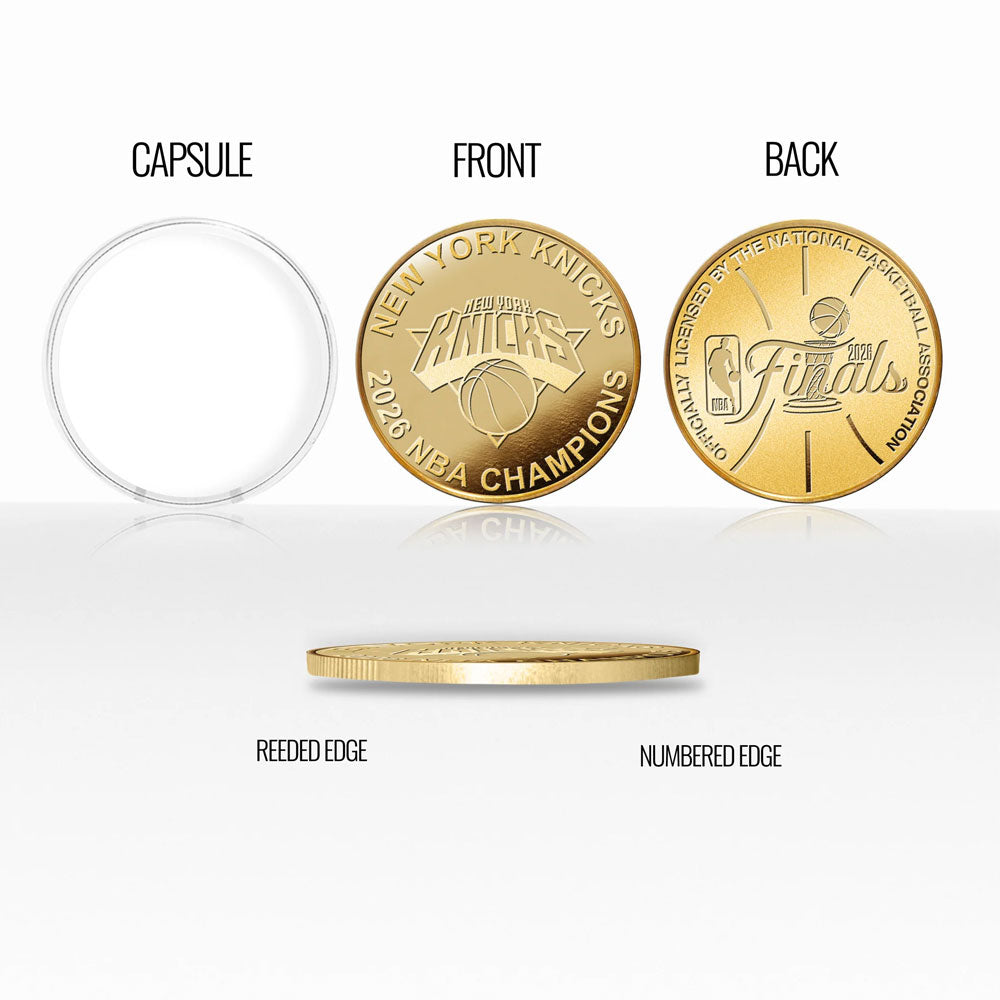 Celebrate the Knicks’ 2026 NBA championship with this limited edition 2026 NBA Champions New York Knicks Gold Plated Coin, featuring front and back designs, a clear capsule, reeded edge, and individually numbered side.
