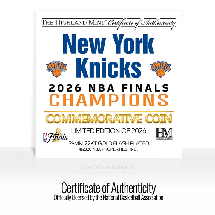 A certificate of authenticity for the 2026 NBA Champions New York Knicks Gold Plated Coin, a limited edition memorabilia featuring team logos, gold-highlighted text, and official NBA licensing details.
