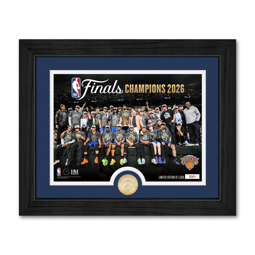 Celebrate the New York Knicks’ 2026 NBA Finals win with this framed “2026 NBA Champions” photo mint, featuring the team on court, Knicks logo, bronze collectible coin, navy matting, and certificate of authenticity.