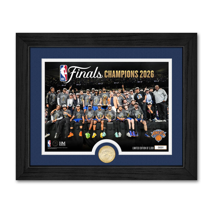 Celebrate the New York Knicks’ 2026 NBA Finals win with this framed “2026 NBA Champions” photo mint, featuring the team on court, Knicks logo, bronze collectible coin, navy matting, and certificate of authenticity.