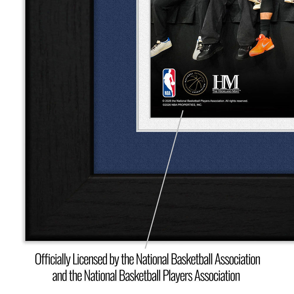 Close-up of the 2026 NBA Champions New York Knicks Celebration Bronze Coin Photo Mint, showing NBA and NBPA logos, a gold emblem, and “Officially Licensed” text on this exclusive framed collectible.