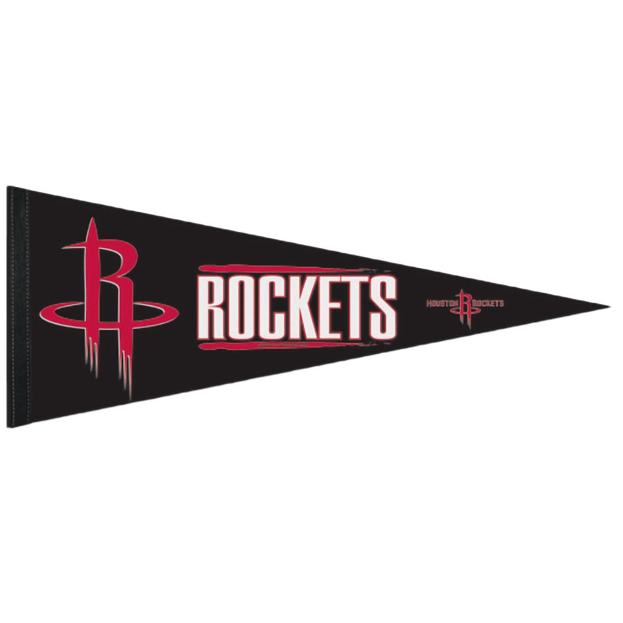 The Basketball Sport Teams Pennant Flags feature a black felt pennant with the red and white Houston Rockets logo and bold white "ROCKETS" lettering outlined in red—an officially licensed item ideal for any fan collection.