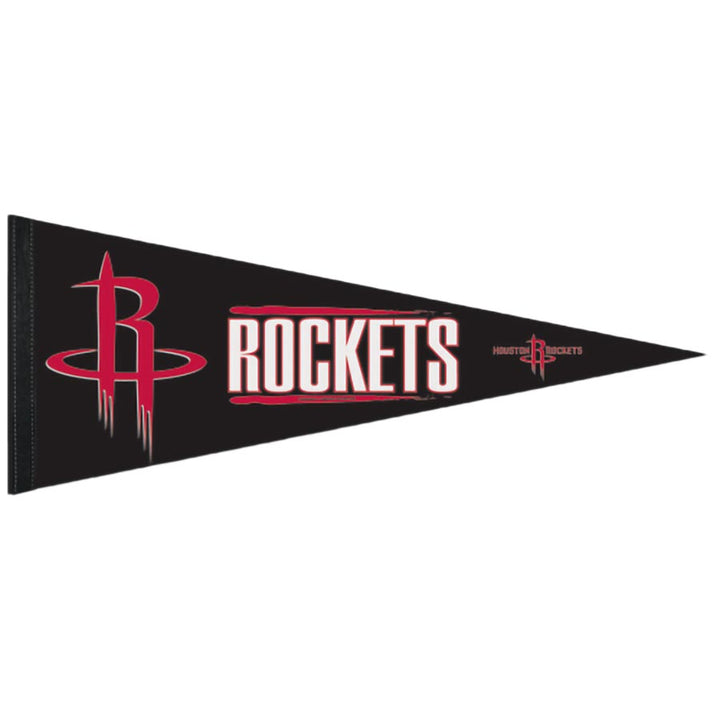 The Basketball Sport Teams Pennant Flags feature a black felt pennant with the red and white Houston Rockets logo and bold white "ROCKETS" lettering outlined in red—an officially licensed item ideal for any fan collection.