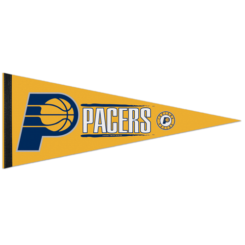 Show your Pacers pride with this yellow triangular Basketball Sport Teams Pennant Flag, featuring the Indiana Pacers logo, "Pacers" in white and blue lettering, and a small circular team emblem—perfect for any dedicated fan.