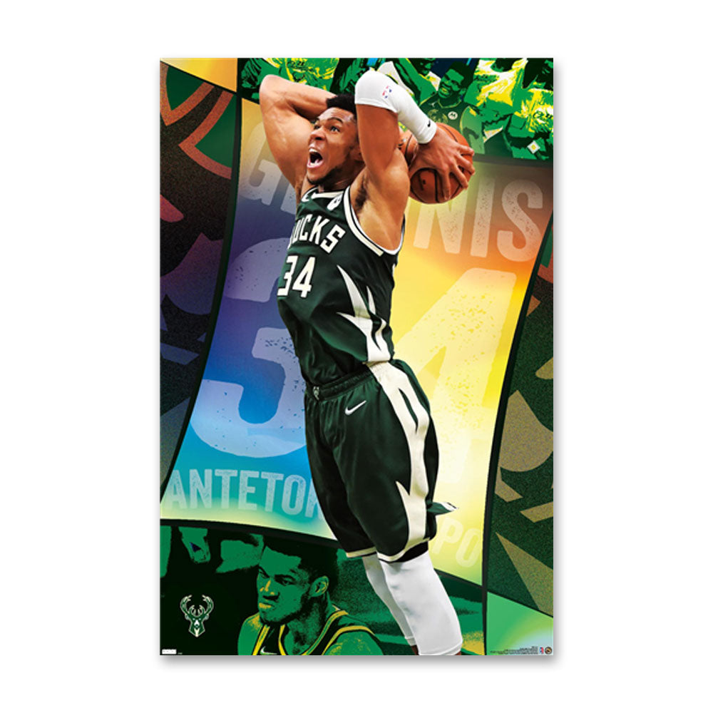 The NBA Milwaukee Bucks Giannis Antetokounmpo 21 Poster features Antetokounmpo in a black uniform leaping to dunk, with his name and jersey number 34 highlighted against a vibrant backdrop—perfect for any NBA collection.