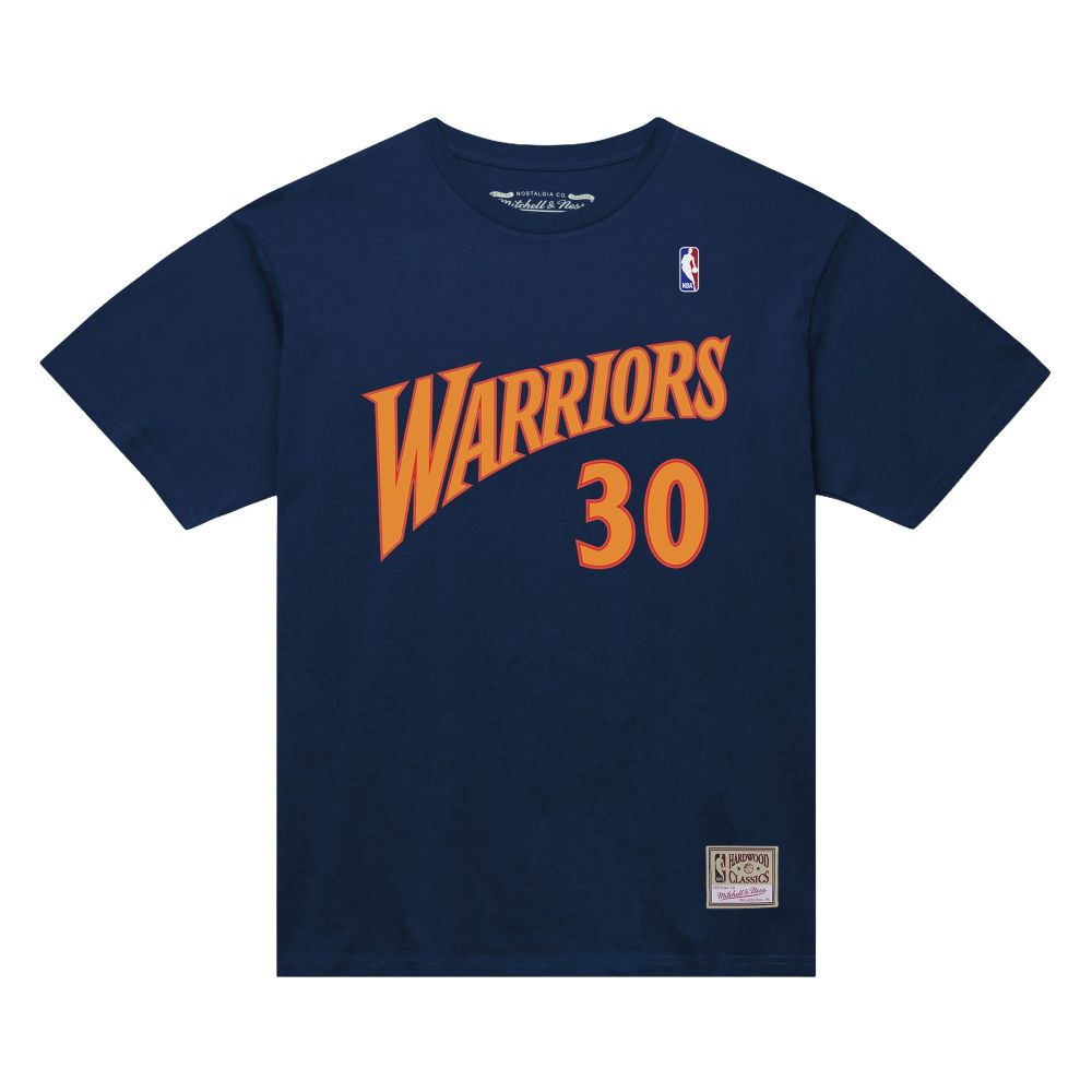 The NBA Golden State Warriors Steph Curry Jersey T-Shirt is navy blue with WARRIORS and number 30 in orange, featuring the NBA logo and a Mitchell & Ness patch near the hem.